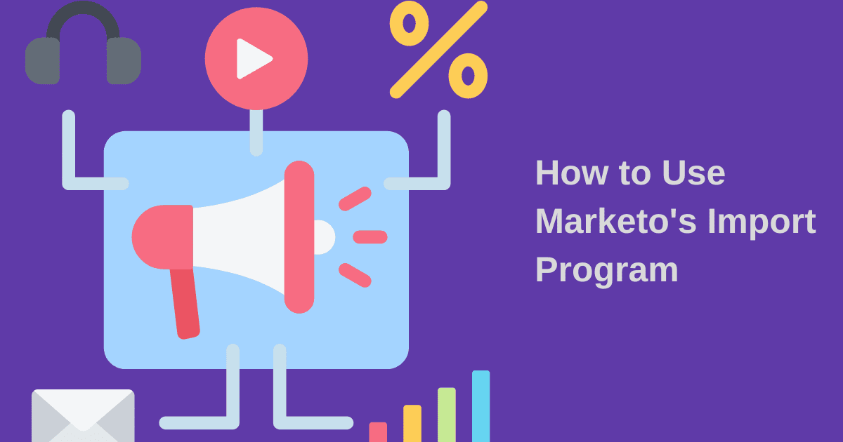 Robot automation graphic with 'how to use marketos import program' in text